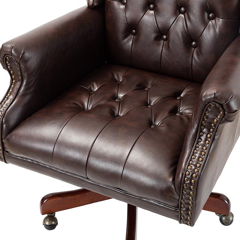 Fauteuil de bureau de direction à oreilles en similicuir avec capitonnage, garniture cloutée, assise à ressorts ensachés et hauteur réglable | Camel / Marron / Turquoise / Bleu marine | Siège unique