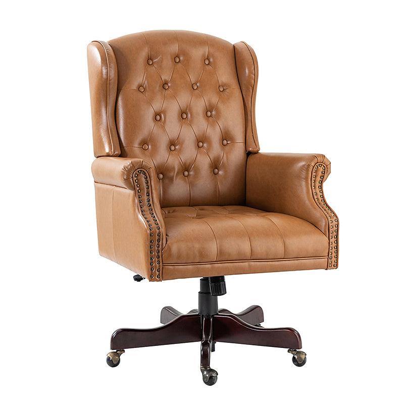 Fauteuil de bureau de direction à oreilles en similicuir avec capitonnage, garniture cloutée, assise à ressorts ensachés et hauteur réglable | Camel / Marron / Turquoise / Bleu marine | Siège unique