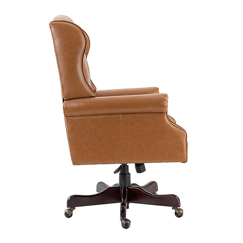 Fauteuil de bureau de direction à oreilles en similicuir avec capitonnage, garniture cloutée, assise à ressorts ensachés et hauteur réglable | Camel / Marron / Turquoise / Bleu marine | Siège unique