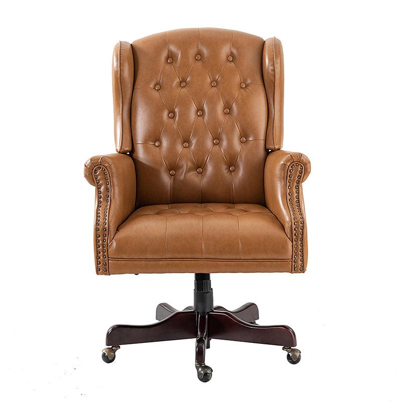 Fauteuil de bureau de direction à oreilles en similicuir avec capitonnage, garniture cloutée, assise à ressorts ensachés et hauteur réglable | Camel / Marron / Turquoise / Bleu marine | Siège unique
