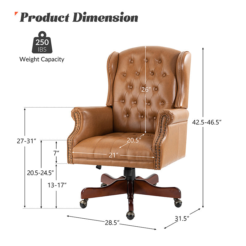Fauteuil de bureau de direction à oreilles en similicuir avec capitonnage, garniture cloutée, assise à ressorts ensachés et hauteur réglable | Camel / Marron / Turquoise / Bleu marine | Siège unique