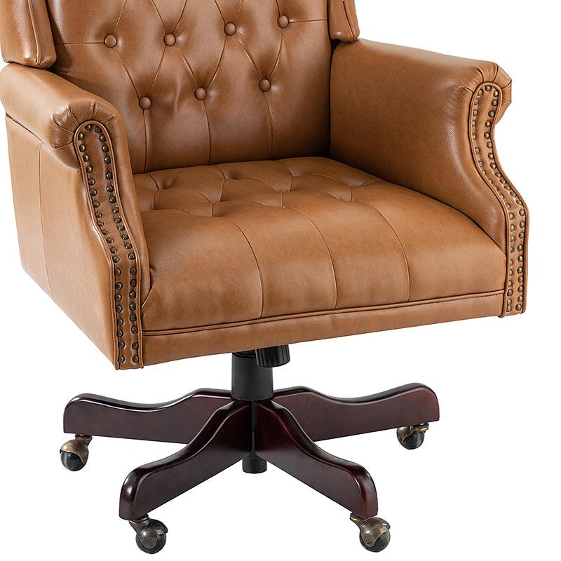 Fauteuil de bureau de direction à oreilles en similicuir avec capitonnage, garniture cloutée, assise à ressorts ensachés et hauteur réglable | Camel / Marron / Turquoise / Bleu marine | Siège unique