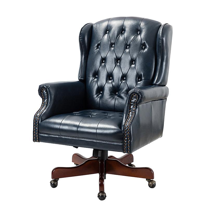 Fauteuil de bureau de direction à oreilles en similicuir avec capitonnage, garniture cloutée, assise à ressorts ensachés et hauteur réglable | Camel / Marron / Turquoise / Bleu marine | Siège unique