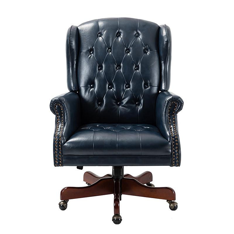 Fauteuil de bureau de direction à oreilles en similicuir avec capitonnage, garniture cloutée, assise à ressorts ensachés et hauteur réglable | Camel / Marron / Turquoise / Bleu marine | Siège unique