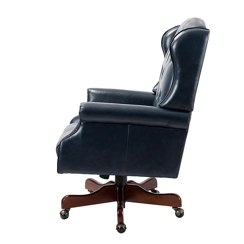 Fauteuil de bureau de direction à oreilles en similicuir avec capitonnage, garniture cloutée, assise à ressorts ensachés et hauteur réglable | Camel / Marron / Turquoise / Bleu marine | Siège unique