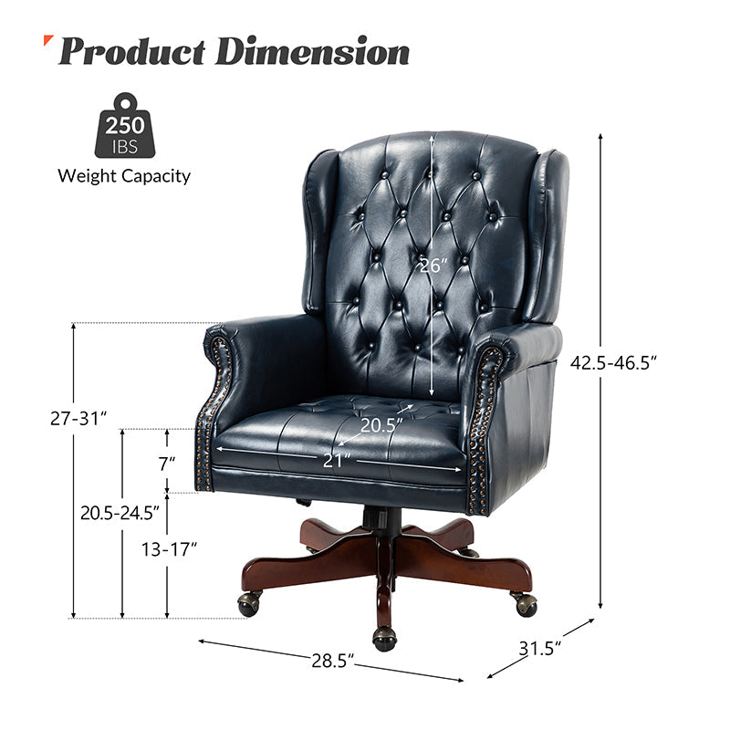 Fauteuil de bureau de direction à oreilles en similicuir avec capitonnage, garniture cloutée, assise à ressorts ensachés et hauteur réglable | Camel / Marron / Turquoise / Bleu marine | Siège unique