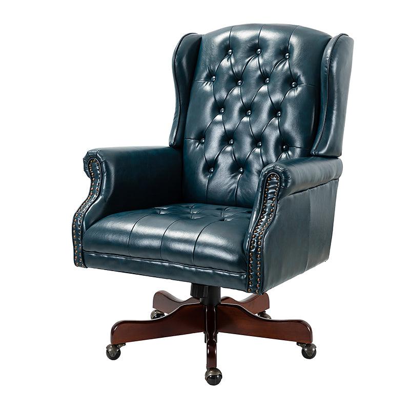 Fauteuil de bureau de direction à oreilles en similicuir avec capitonnage, garniture cloutée, assise à ressorts ensachés et hauteur réglable | Camel / Marron / Turquoise / Bleu marine | Siège unique