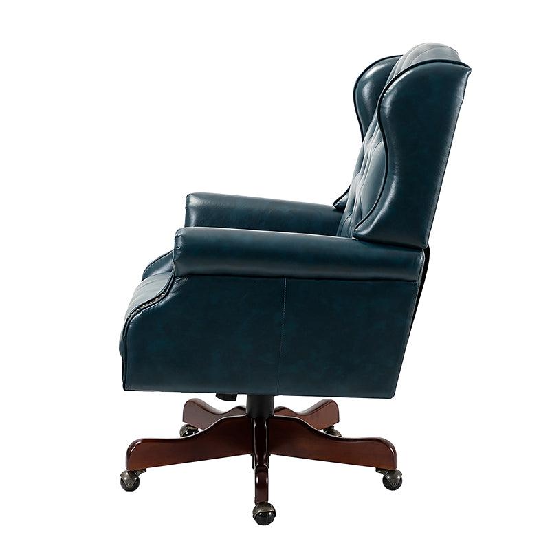 Fauteuil de bureau de direction à oreilles en similicuir avec capitonnage, garniture cloutée, assise à ressorts ensachés et hauteur réglable | Camel / Marron / Turquoise / Bleu marine | Siège unique