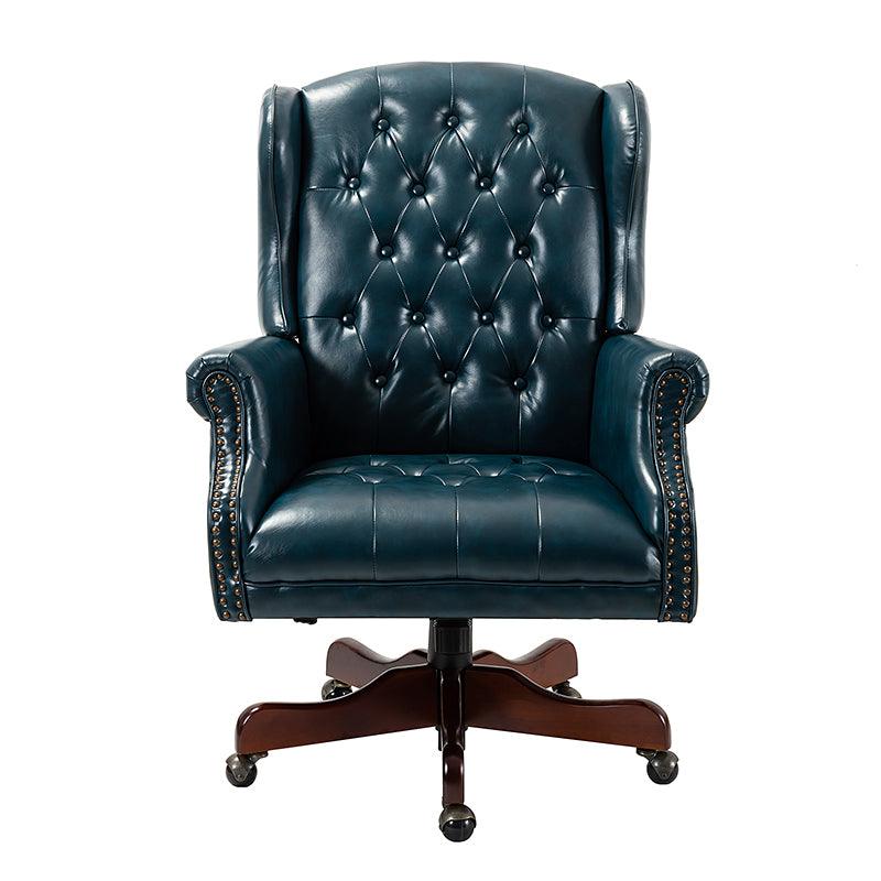 Fauteuil de bureau de direction à oreilles en similicuir avec capitonnage, garniture cloutée, assise à ressorts ensachés et hauteur réglable | Camel / Marron / Turquoise / Bleu marine | Siège unique