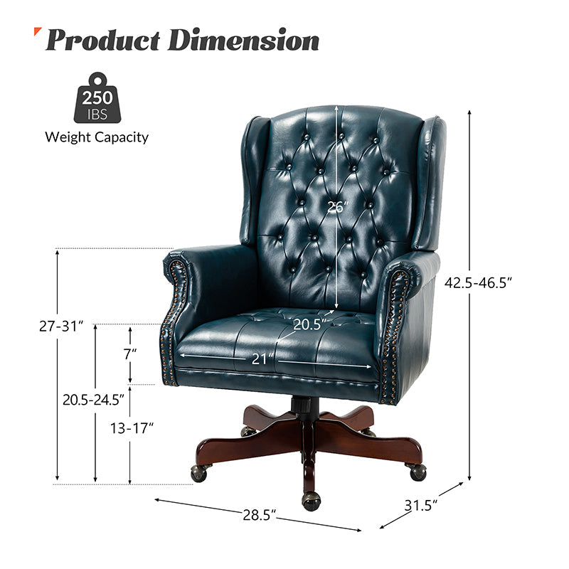Fauteuil de bureau de direction à oreilles en similicuir avec capitonnage, garniture cloutée, assise à ressorts ensachés et hauteur réglable | Camel / Marron / Turquoise / Bleu marine | Siège unique