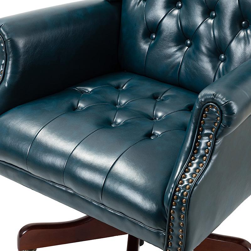 Fauteuil de bureau de direction à oreilles en similicuir avec capitonnage, garniture cloutée, assise à ressorts ensachés et hauteur réglable | Camel / Marron / Turquoise / Bleu marine | Siège unique