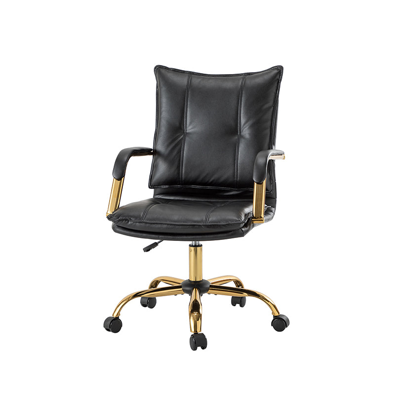 Chaise de bureau pivotante capitonnée en similicuir avec hauteur réglable, accoudoirs et base étoile à 5 branches dorée | Camel / Bleu marine / Marron / Noir / Gris / Sauge / Blanc | Une place