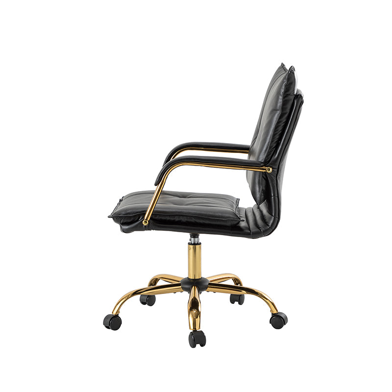 Chaise de bureau pivotante capitonnée en similicuir avec hauteur réglable, accoudoirs et base étoile à 5 branches dorée | Camel / Bleu marine / Marron / Noir / Gris / Sauge / Blanc | Une place