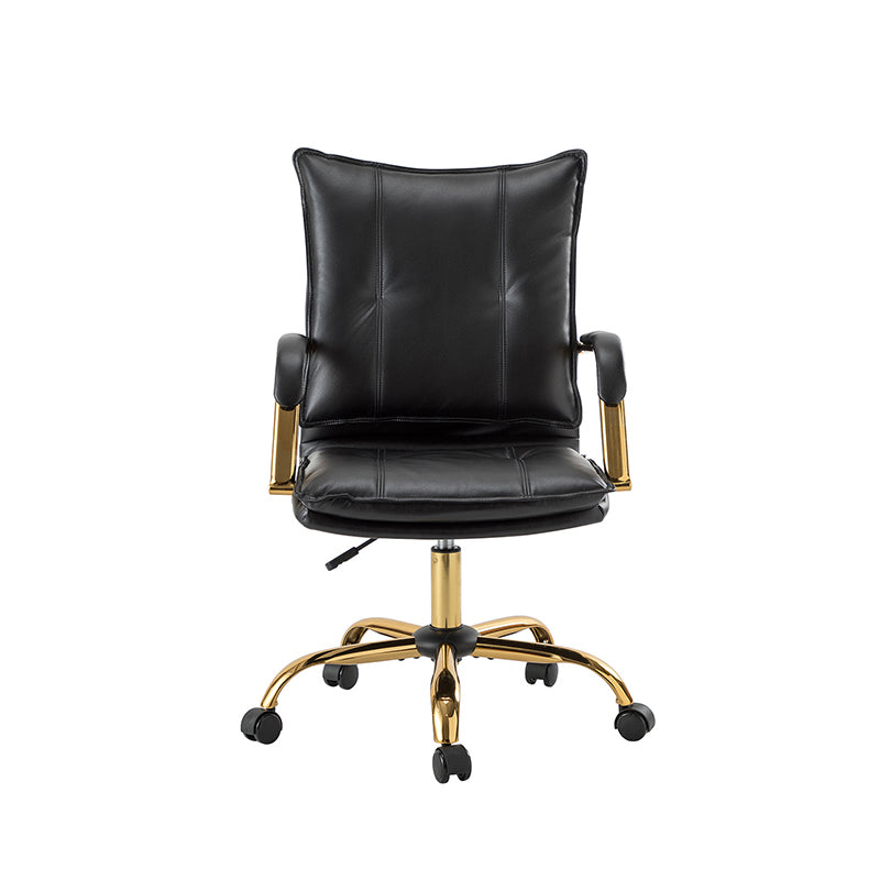 Chaise de bureau pivotante capitonnée en similicuir avec hauteur réglable, accoudoirs et base étoile à 5 branches dorée | Camel / Bleu marine / Marron / Noir / Gris / Sauge / Blanc | Une place