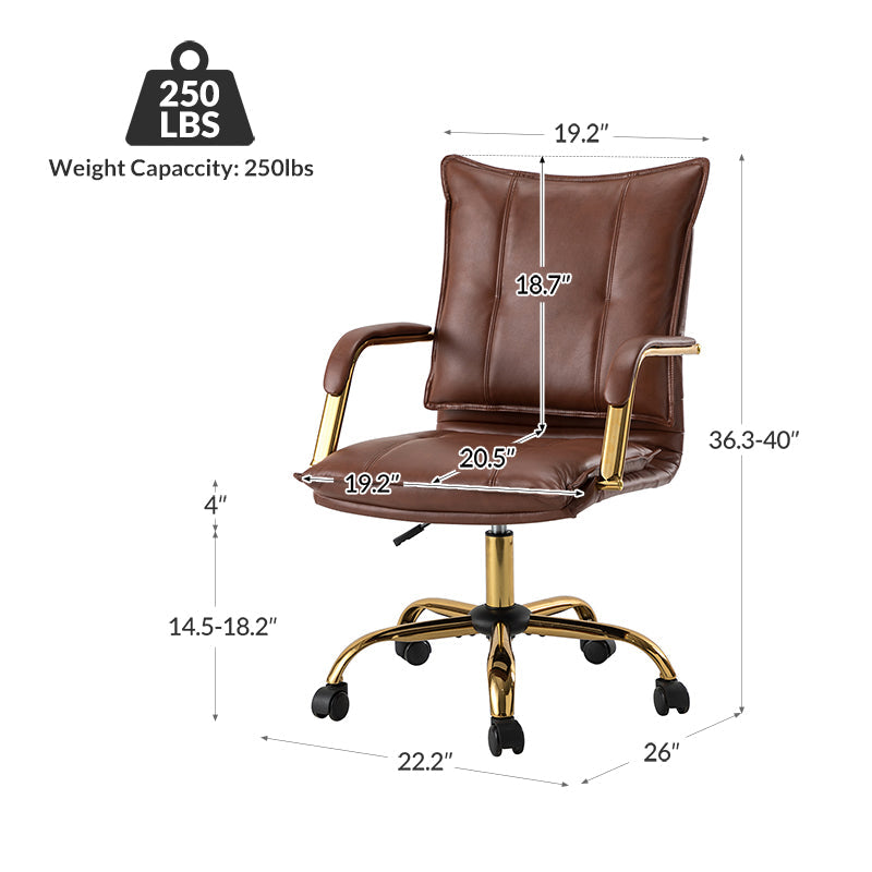 Chaise de bureau pivotante capitonnée en similicuir avec hauteur réglable, accoudoirs et base étoile à 5 branches dorée | Camel / Bleu marine / Marron / Noir / Gris / Sauge / Blanc | Une place