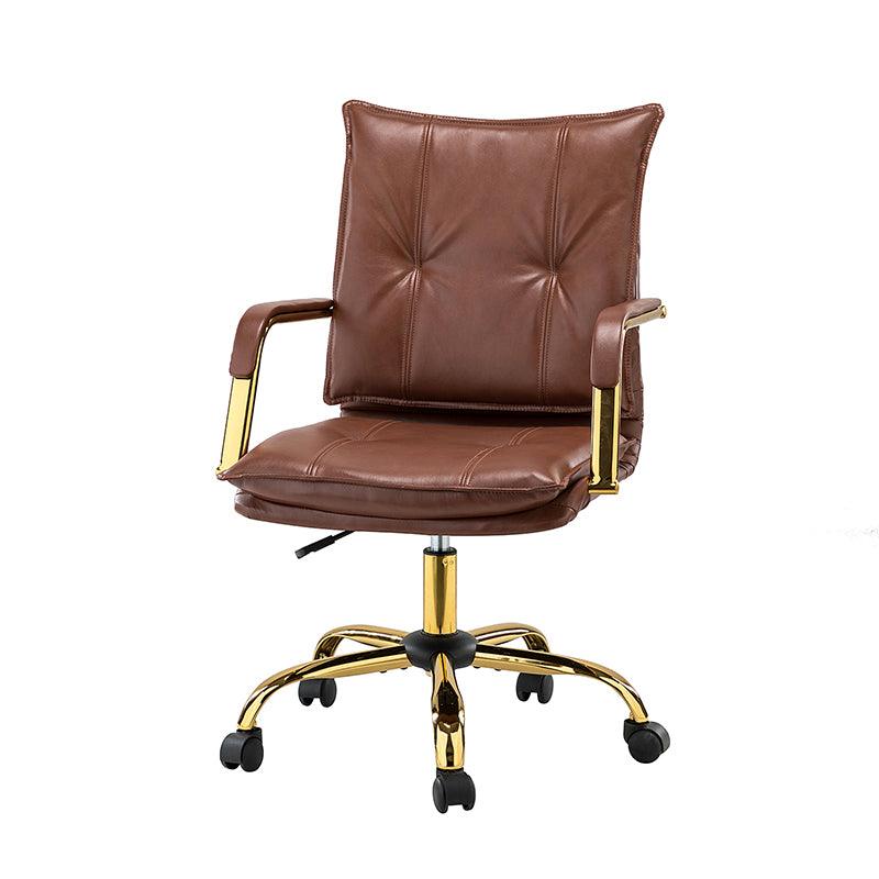 Chaise de bureau pivotante capitonnée en similicuir avec hauteur réglable, accoudoirs et base étoile à 5 branches dorée | Camel / Bleu marine / Marron / Noir / Gris / Sauge / Blanc | Une place