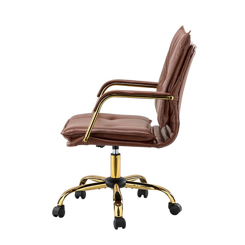Chaise de bureau pivotante capitonnée en similicuir avec hauteur réglable, accoudoirs et base étoile à 5 branches dorée | Camel / Bleu marine / Marron / Noir / Gris / Sauge / Blanc | Une place