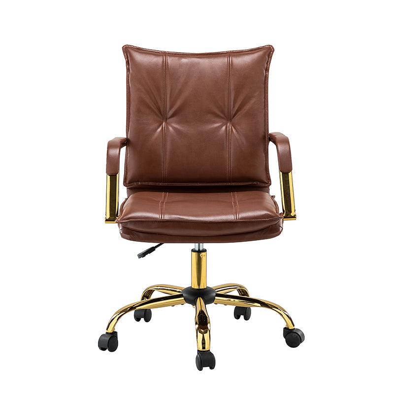 Chaise de bureau pivotante capitonnée en similicuir avec hauteur réglable, accoudoirs et base étoile à 5 branches dorée | Camel / Bleu marine / Marron / Noir / Gris / Sauge / Blanc | Une place