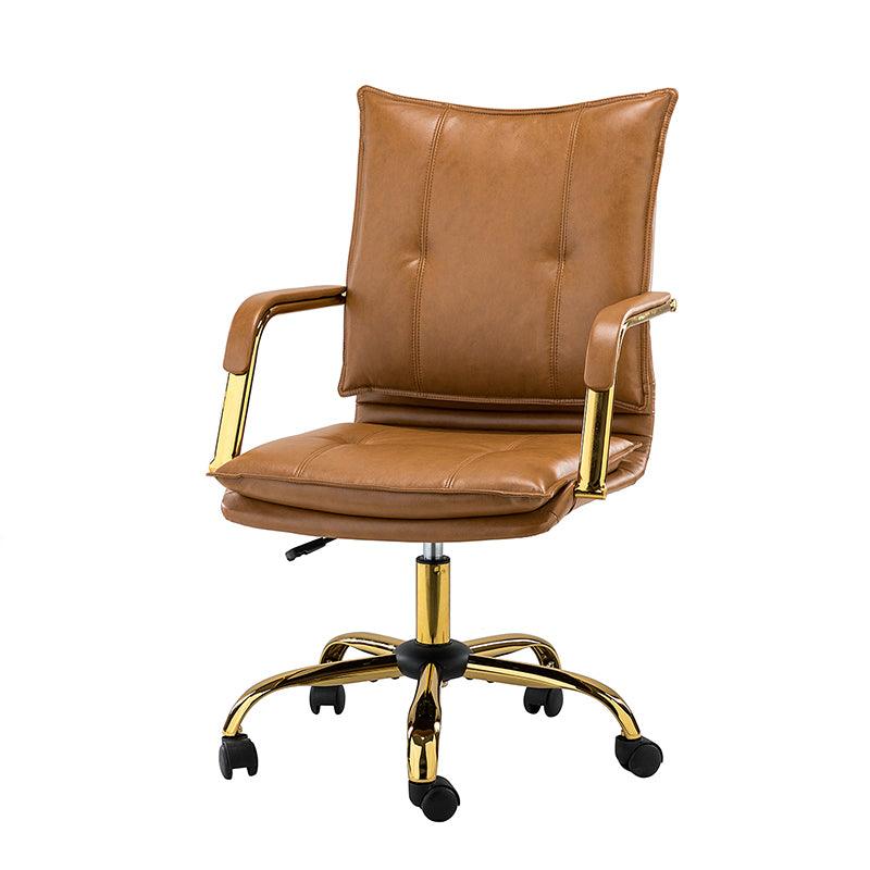 Chaise de bureau pivotante capitonnée en similicuir avec hauteur réglable, accoudoirs et base étoile à 5 branches dorée | Camel / Bleu marine / Marron / Noir / Gris / Sauge / Blanc | Une place