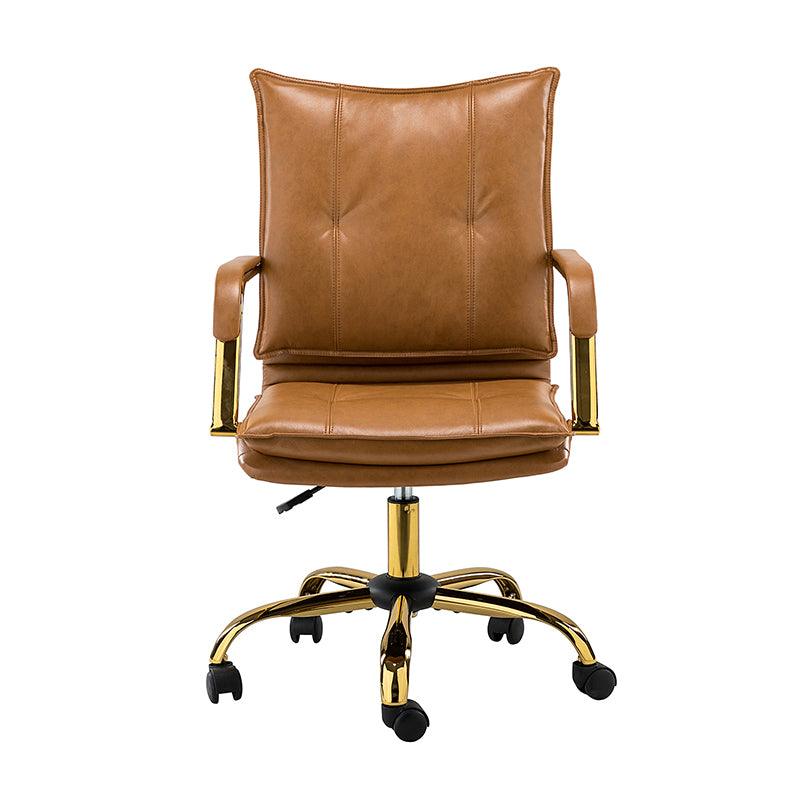 Chaise de bureau pivotante capitonnée en similicuir avec hauteur réglable, accoudoirs et base étoile à 5 branches dorée | Camel / Bleu marine / Marron / Noir / Gris / Sauge / Blanc | Une place