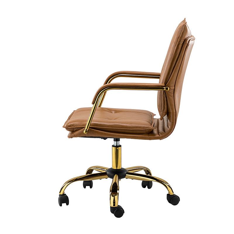 Chaise de bureau pivotante capitonnée en similicuir avec hauteur réglable, accoudoirs et base étoile à 5 branches dorée | Camel / Bleu marine / Marron / Noir / Gris / Sauge / Blanc | Une place