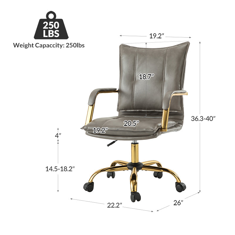 Chaise de bureau pivotante capitonnée en similicuir avec hauteur réglable, accoudoirs et base étoile à 5 branches dorée | Camel / Bleu marine / Marron / Noir / Gris / Sauge / Blanc | Une place