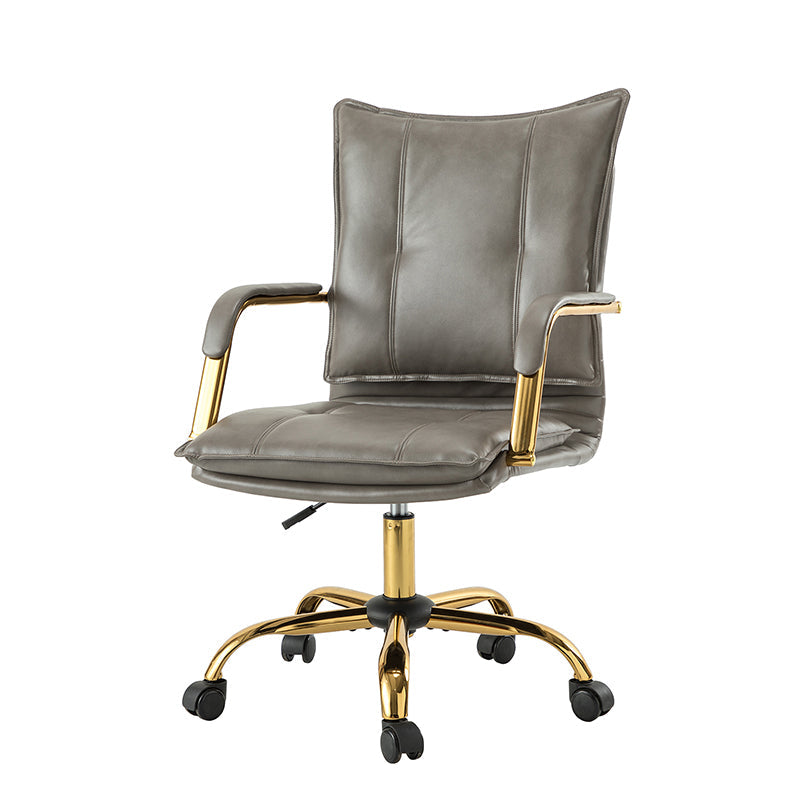 Chaise de bureau pivotante capitonnée en similicuir avec hauteur réglable, accoudoirs et base étoile à 5 branches dorée | Camel / Bleu marine / Marron / Noir / Gris / Sauge / Blanc | Une place