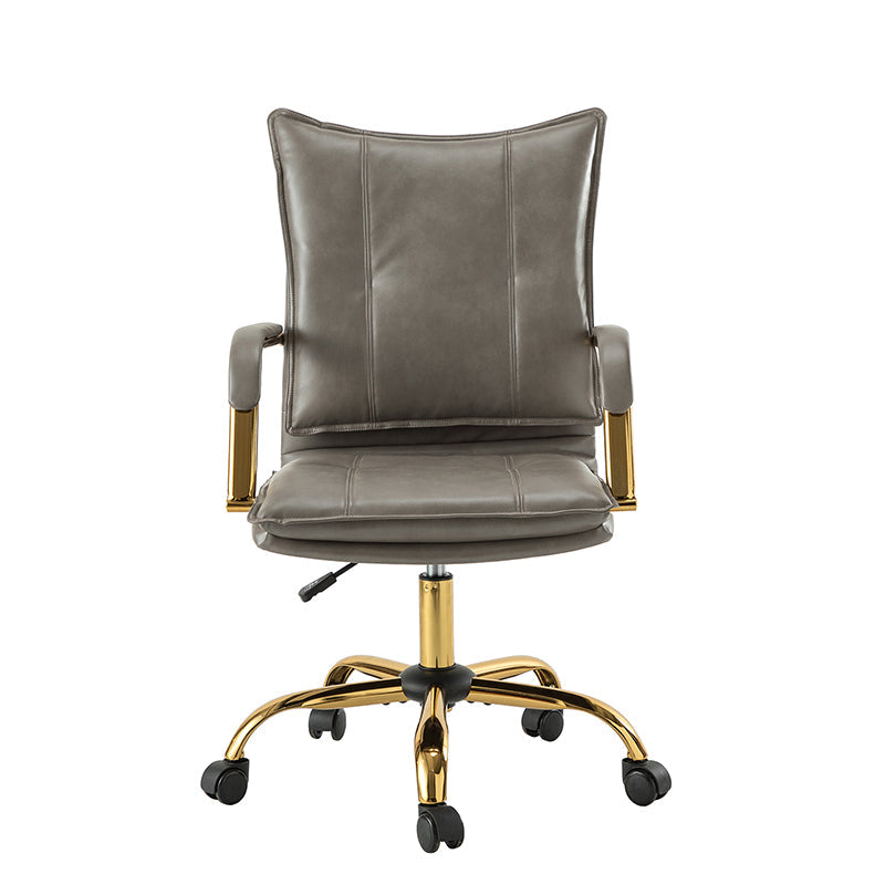 Chaise de bureau pivotante capitonnée en similicuir avec hauteur réglable, accoudoirs et base étoile à 5 branches dorée | Camel / Bleu marine / Marron / Noir / Gris / Sauge / Blanc | Une place