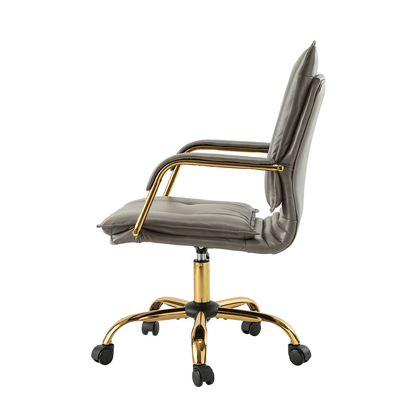 Chaise de bureau pivotante capitonnée en similicuir avec hauteur réglable, accoudoirs et base étoile à 5 branches dorée | Camel / Bleu marine / Marron / Noir / Gris / Sauge / Blanc | Une place