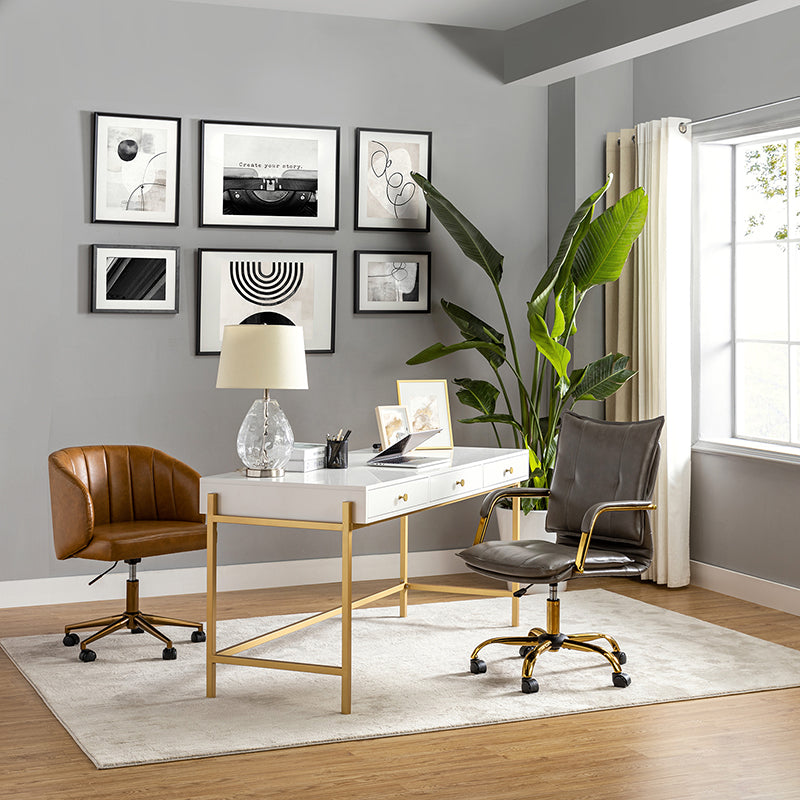 Chaise de bureau pivotante capitonnée en similicuir avec hauteur réglable, accoudoirs et base étoile à 5 branches dorée | Camel / Bleu marine / Marron / Noir / Gris / Sauge / Blanc | Une place