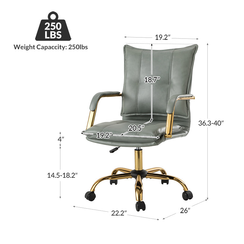 Chaise de bureau pivotante capitonnée en similicuir avec hauteur réglable, accoudoirs et base étoile à 5 branches dorée | Camel / Bleu marine / Marron / Noir / Gris / Sauge / Blanc | Une place