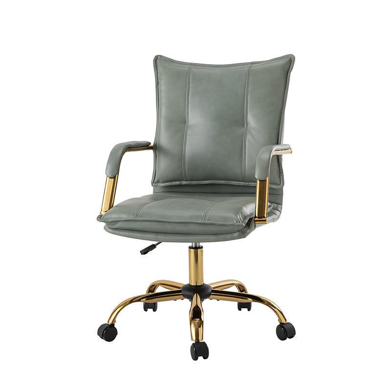 Chaise de bureau pivotante capitonnée en similicuir avec hauteur réglable, accoudoirs et base étoile à 5 branches dorée | Camel / Bleu marine / Marron / Noir / Gris / Sauge / Blanc | Une place