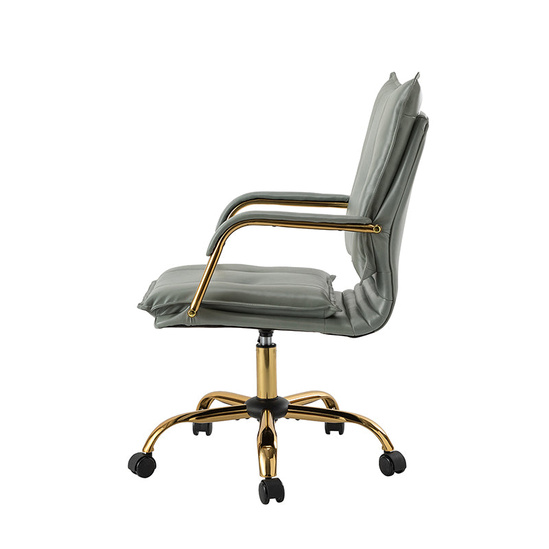 Chaise de bureau pivotante capitonnée en similicuir avec hauteur réglable, accoudoirs et base étoile à 5 branches dorée | Camel / Bleu marine / Marron / Noir / Gris / Sauge / Blanc | Une place