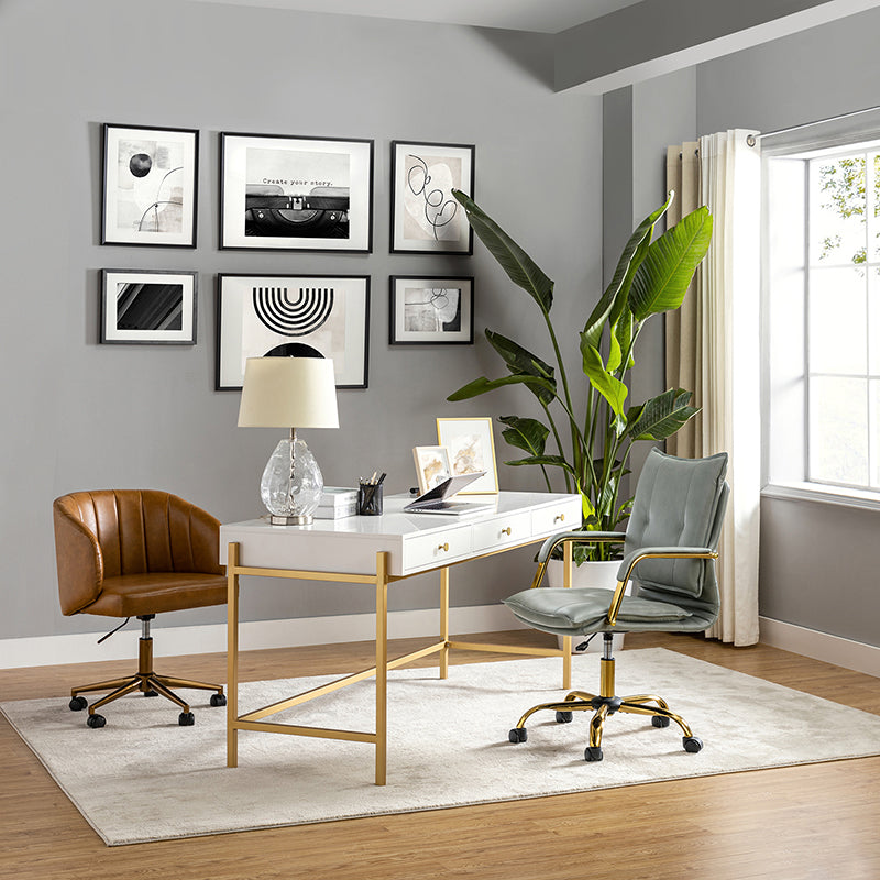 Chaise de bureau pivotante capitonnée en similicuir avec hauteur réglable, accoudoirs et base étoile à 5 branches dorée | Camel / Bleu marine / Marron / Noir / Gris / Sauge / Blanc | Une place