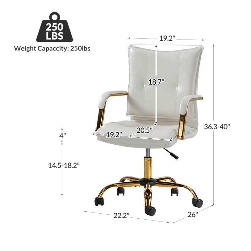 Chaise de bureau pivotante capitonnée en similicuir avec hauteur réglable, accoudoirs et base étoile à 5 branches dorée | Camel / Bleu marine / Marron / Noir / Gris / Sauge / Blanc | Une place
