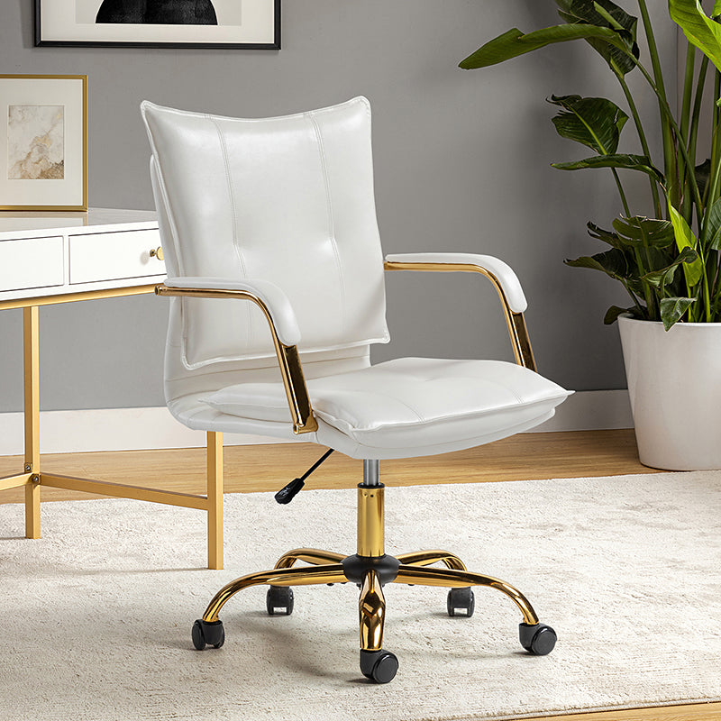 Chaise de bureau pivotante capitonnée en similicuir avec hauteur réglable, accoudoirs et base étoile à 5 branches dorée | Camel / Bleu marine / Marron / Noir / Gris / Sauge / Blanc | Une place