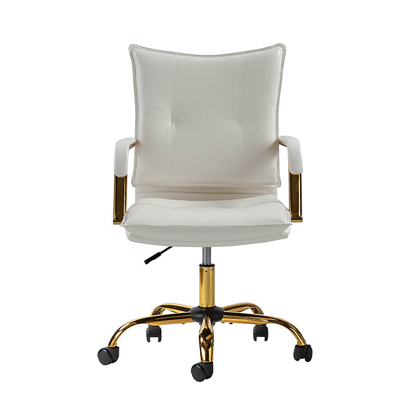 Chaise de bureau pivotante capitonnée en similicuir avec hauteur réglable, accoudoirs et base étoile à 5 branches dorée | Camel / Bleu marine / Marron / Noir / Gris / Sauge / Blanc | Une place