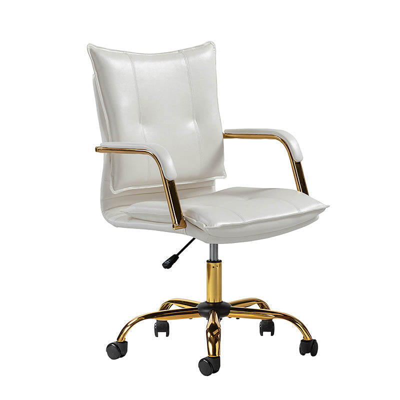 Chaise de bureau pivotante capitonnée en similicuir avec hauteur réglable, accoudoirs et base étoile à 5 branches dorée | Camel / Bleu marine / Marron / Noir / Gris / Sauge / Blanc | Une place
