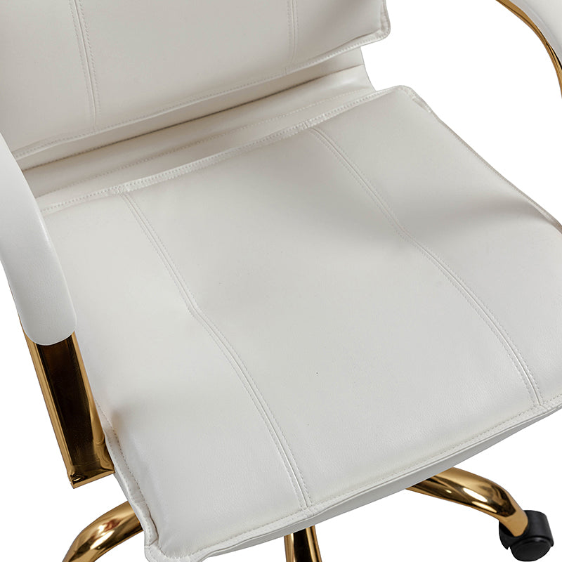Chaise de bureau pivotante capitonnée en similicuir avec hauteur réglable, accoudoirs et base étoile à 5 branches dorée | Camel / Bleu marine / Marron / Noir / Gris / Sauge / Blanc | Une place