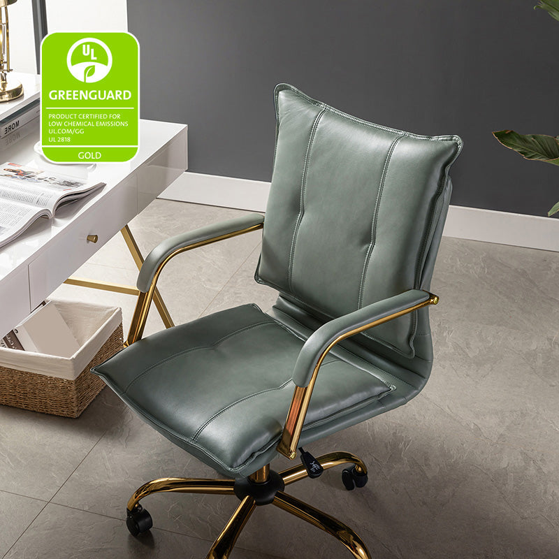 Chaise de bureau pivotante capitonnée en similicuir avec hauteur réglable, accoudoirs et base étoile à 5 branches dorée | Camel / Bleu marine / Marron / Noir / Gris / Sauge / Blanc | Une place