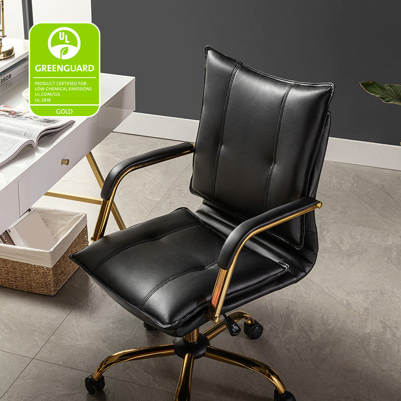 Chaise de bureau pivotante capitonnée en similicuir avec hauteur réglable, accoudoirs et base étoile à 5 branches dorée | Camel / Bleu marine / Marron / Noir / Gris / Sauge / Blanc | Une place