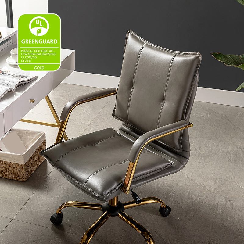 Chaise de bureau pivotante capitonnée en similicuir avec hauteur réglable, accoudoirs et base étoile à 5 branches dorée | Camel / Bleu marine / Marron / Noir / Gris / Sauge / Blanc | Une place