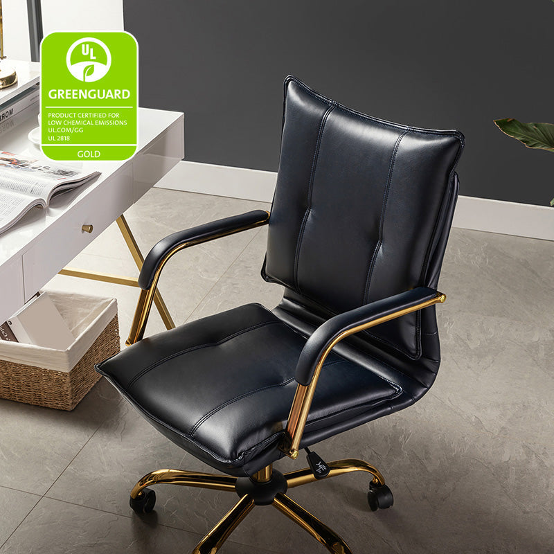 Chaise de bureau pivotante capitonnée en similicuir avec hauteur réglable, accoudoirs et base étoile à 5 branches dorée | Camel / Bleu marine / Marron / Noir / Gris / Sauge / Blanc | Une place