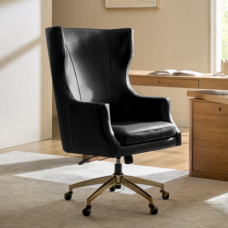 Fauteuil de bureau à dossier haut et oreilles en cuir véritable avec hauteur réglable, fonction d'inclinaison et base pivotante | Camel / Noir / Bleu marine / Marron | Siège unique