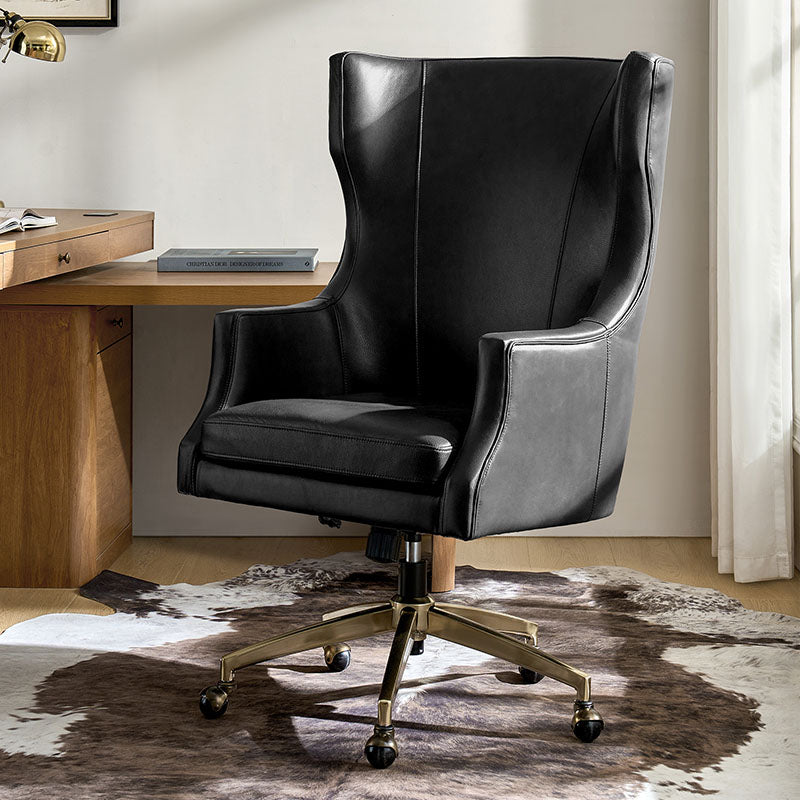 Fauteuil de bureau à dossier haut et oreilles en cuir véritable avec hauteur réglable, fonction d'inclinaison et base pivotante | Camel / Noir / Bleu marine / Marron | Siège unique