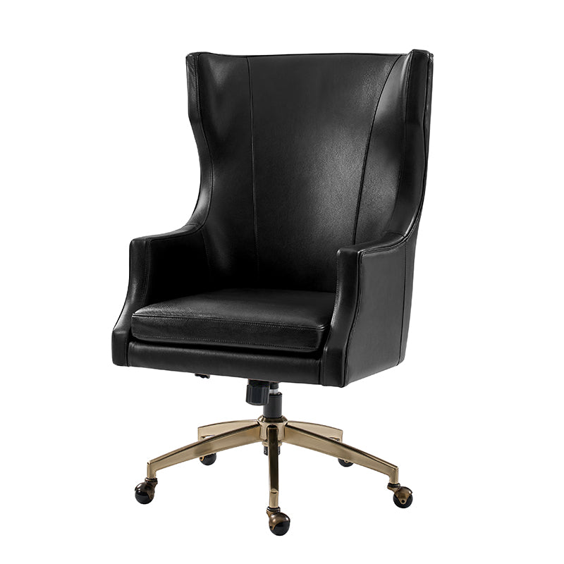 Fauteuil de bureau à dossier haut et oreilles en cuir véritable avec hauteur réglable, fonction d'inclinaison et base pivotante | Camel / Noir / Bleu marine / Marron | Siège unique