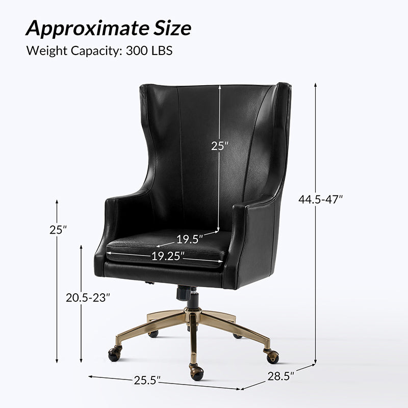 Fauteuil de bureau à dossier haut et oreilles en cuir véritable avec hauteur réglable, fonction d'inclinaison et base pivotante | Camel / Noir / Bleu marine / Marron | Siège unique