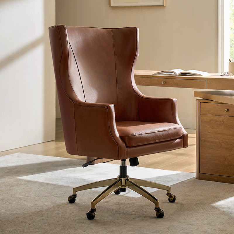 Fauteuil de bureau à dossier haut et oreilles en cuir véritable avec hauteur réglable, fonction d'inclinaison et base pivotante | Camel / Noir / Bleu marine / Marron | Siège unique
