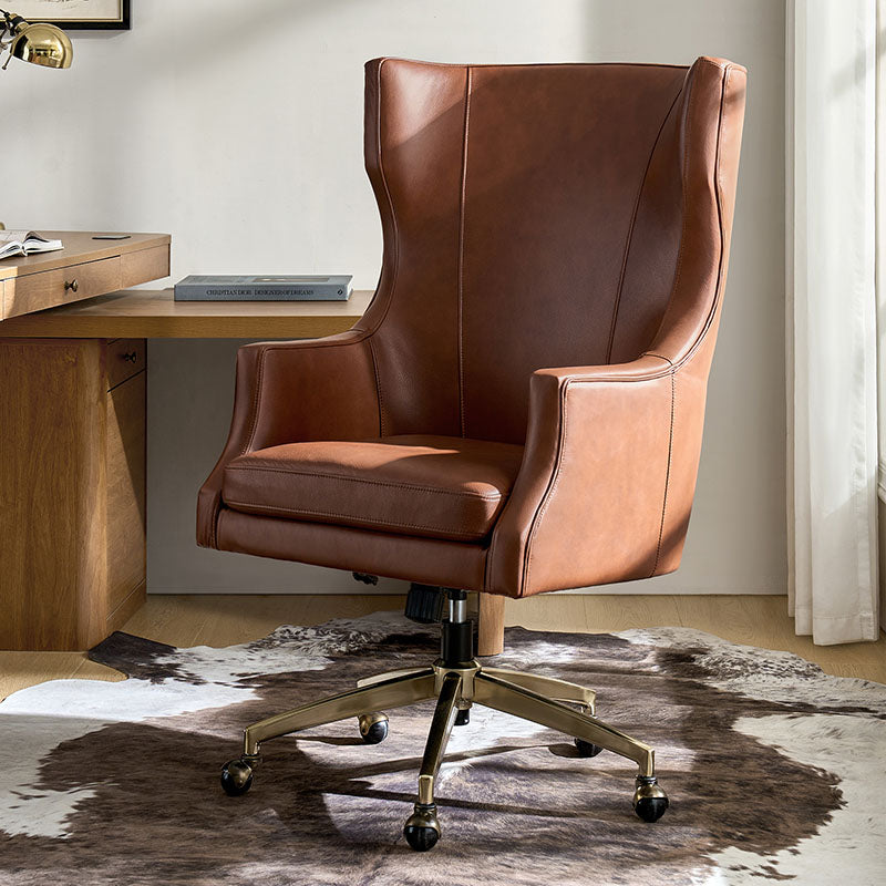 Fauteuil de bureau à dossier haut et oreilles en cuir véritable avec hauteur réglable, fonction d'inclinaison et base pivotante | Camel / Noir / Bleu marine / Marron | Siège unique