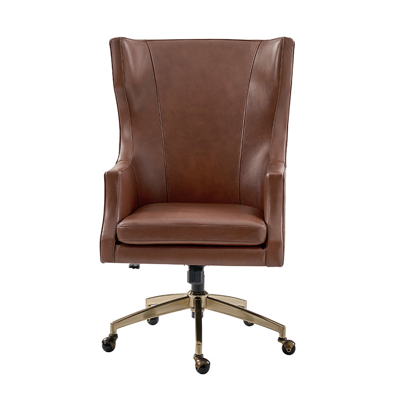 Fauteuil de bureau à dossier haut et oreilles en cuir véritable avec hauteur réglable, fonction d'inclinaison et base pivotante | Camel / Noir / Bleu marine / Marron | Siège unique